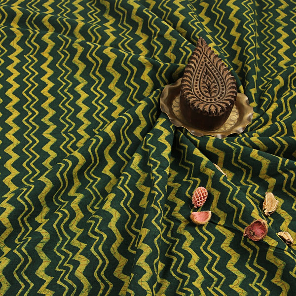 Green Yellow Zigzag Dabu Hand Block Printed Cotton Fabric