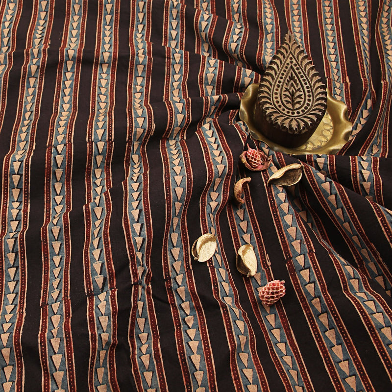 Black Geometric Ajrakh Hand Block Print Cotton Fabric