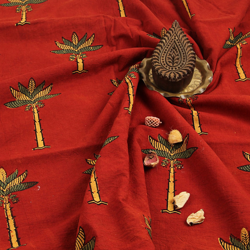 Red Palm Tree Ajrakh Hand Block Printed Cotton Fabric