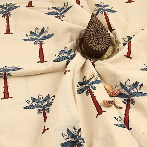 White Palm Tree Ajrakh Hand Block Printed Cotton Fabric