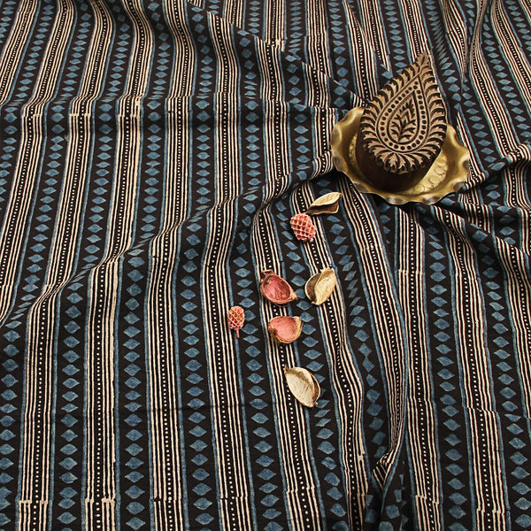 Blue Stripes Ajrakh Hand Block Print Cotton Fabric