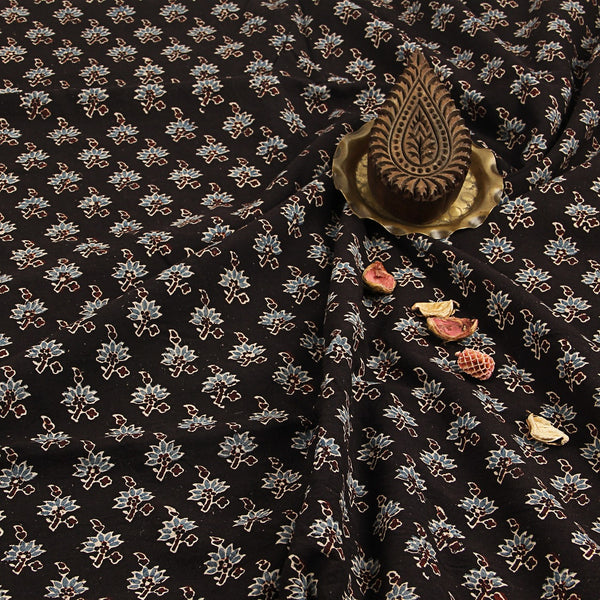 Black Butti Ajrakh Hand Block Print Fabric