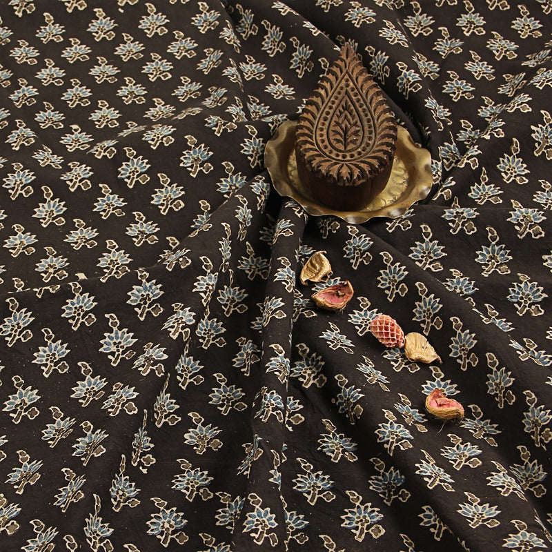 Black Floral Ajrakh Hand Block Print Cotton Fabric