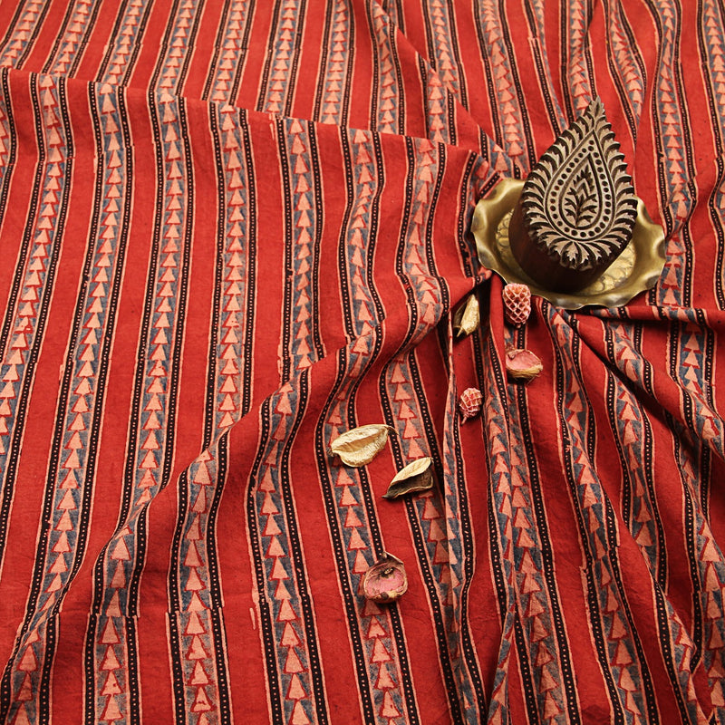 Red Geometric Ajrakh Hand Block Print Cotton Fabric