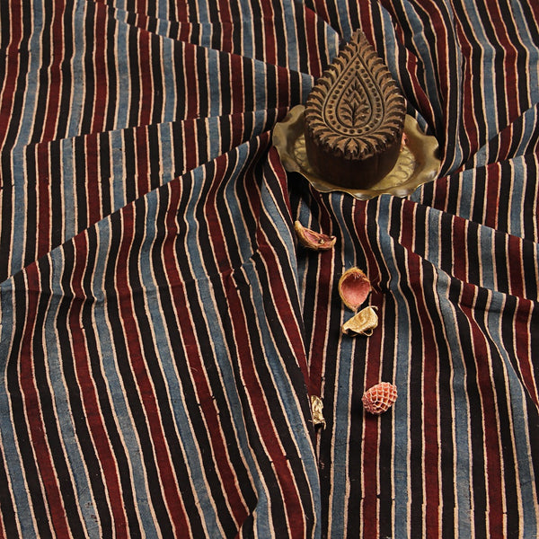 Multi Stripes Ajrakh Hand Block Print Cotton Fabric