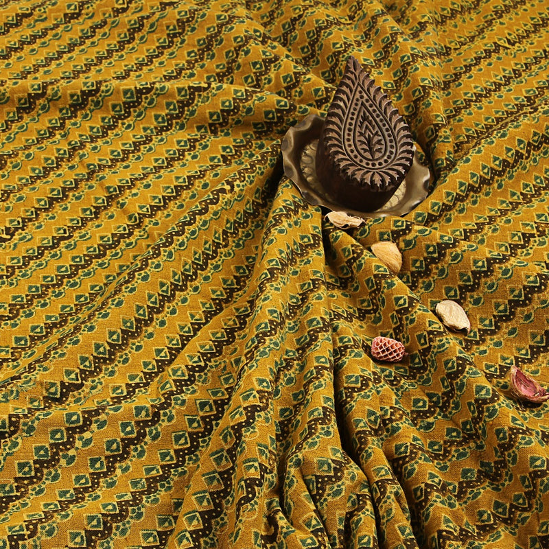 Yellow Black Diamond Border Ajrakh Hand Block Printed Kala Cotton Fabric