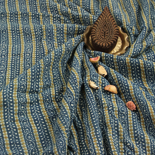 Blue Leaf Ajrakh Hand Block Print Cotton Fabric