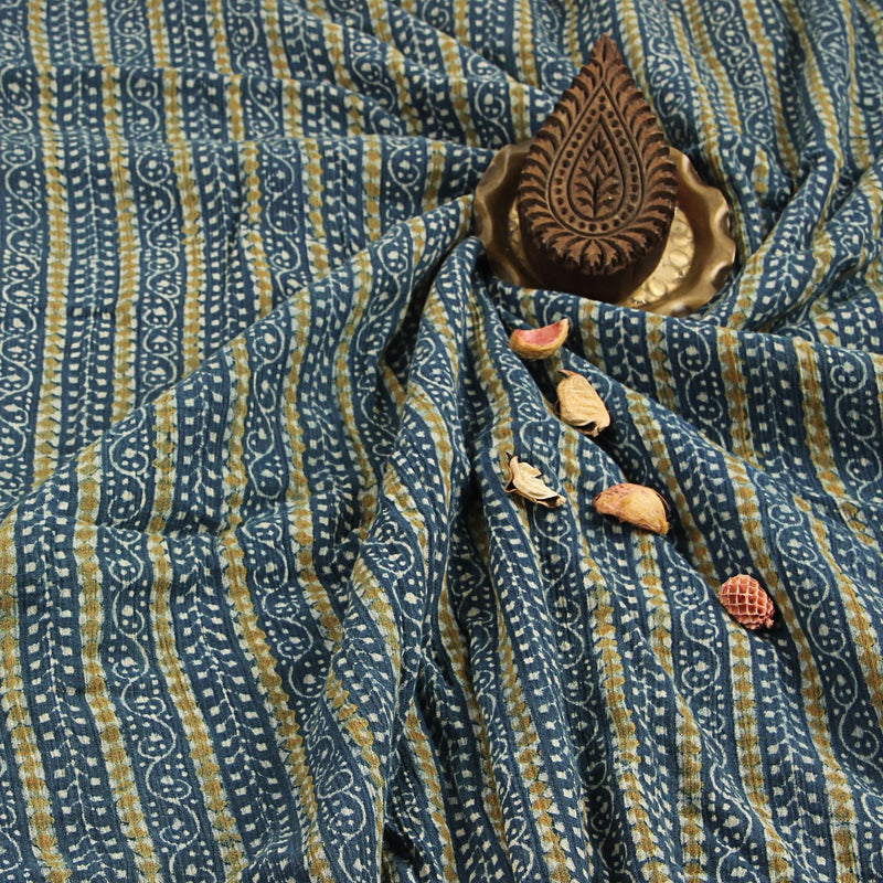 Blue Leaf Ajrakh Hand Block Print Cotton Fabric