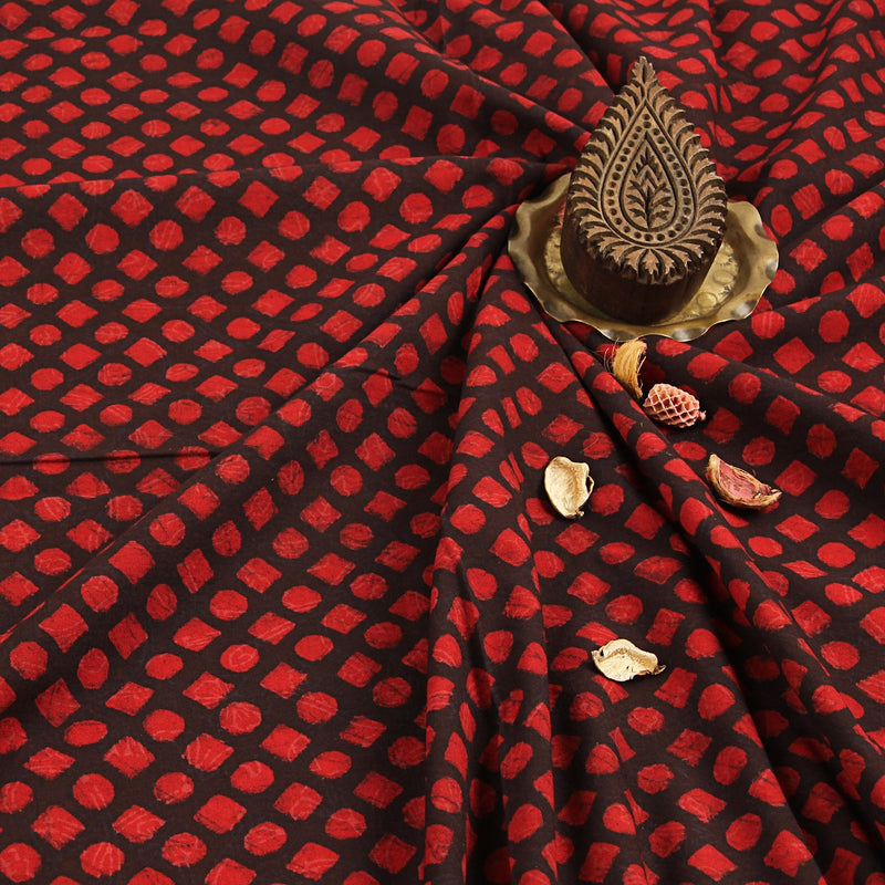 Red Geometric Patterns Dabu Hand Block Printed Cotton Fabric