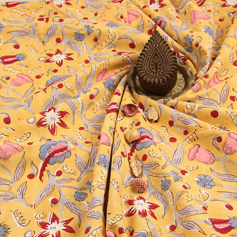 Peach Tropical Floral Sanganeri Handblock Print Cotton Fabric