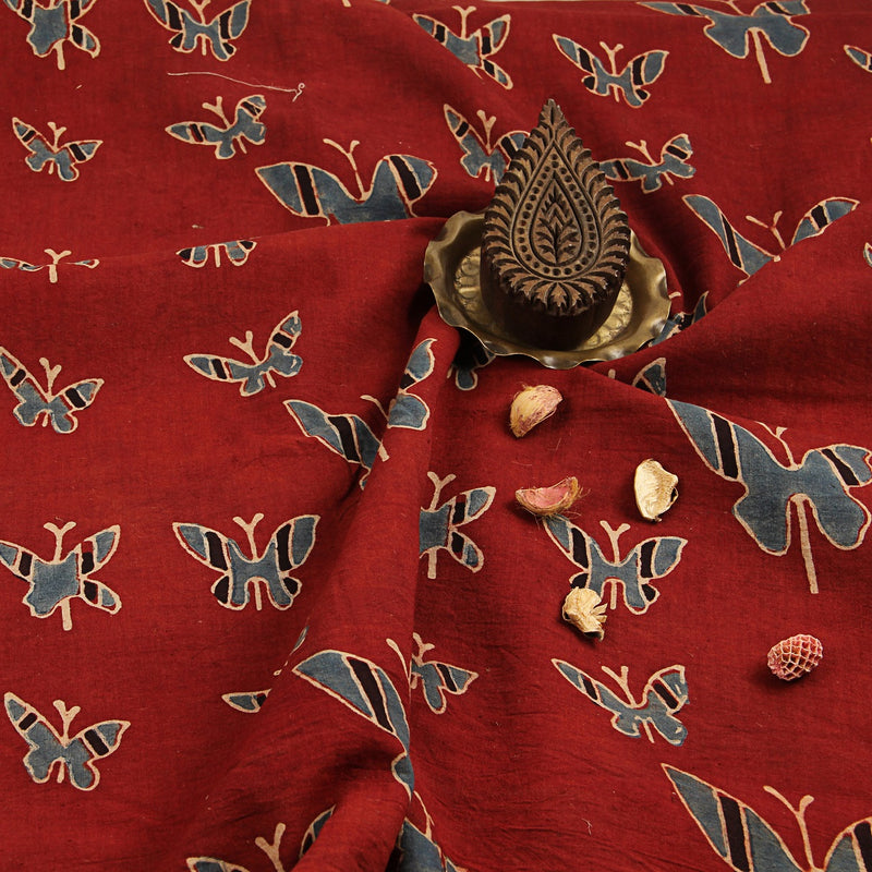 Red Butterfly Ajrakh Hand Block Printed Cotton Fabric