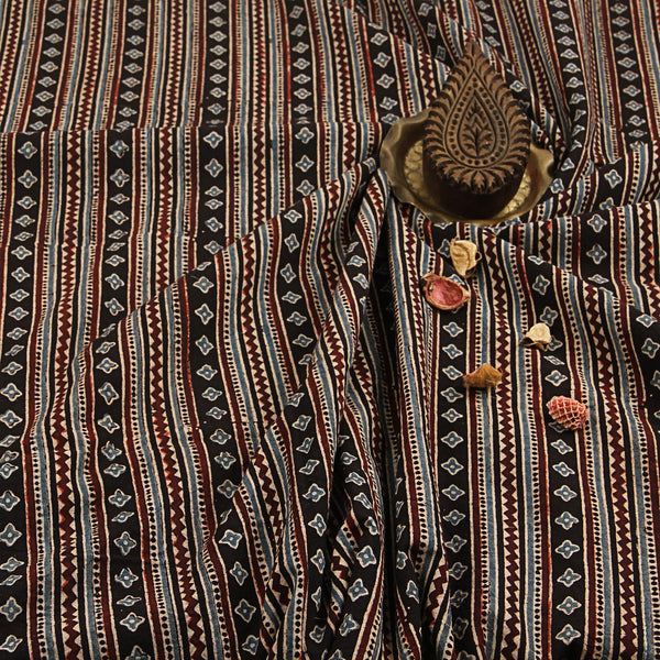 Black Geometric Ajrakh Hand Block Print Cotton Fabric