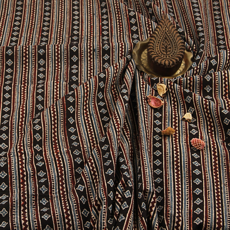 Black Geometric Ajrakh Hand Block Print Cotton Fabric