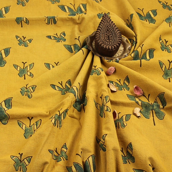 Yellow Butterfly Ajrakh Hand Block Printed Cotton Fabric