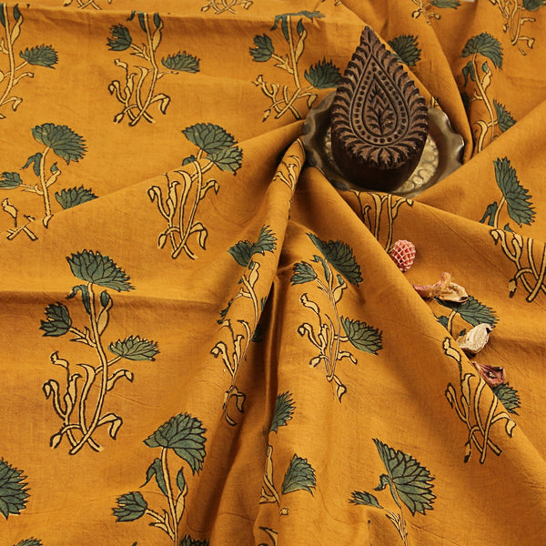 Mustard Green Dahlia Floral Butta Ajrakh Hand Block Printed Cotton Fabric