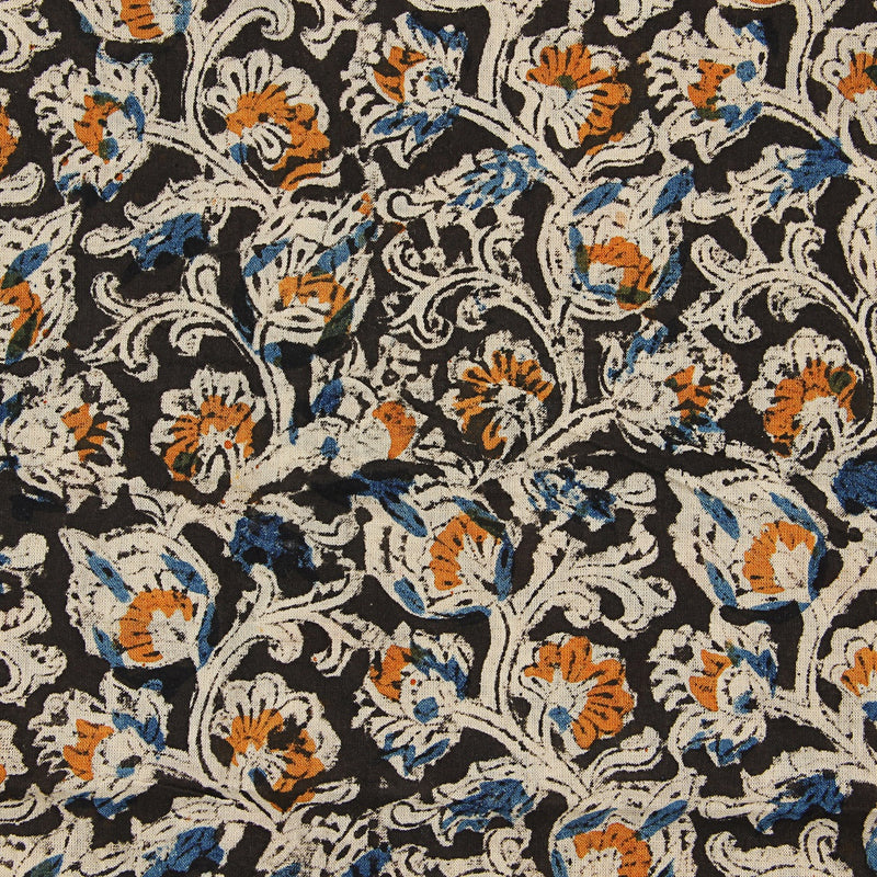 Black Jasmine Phool Kalamkari Hand Block Printed Cotton Fabric
