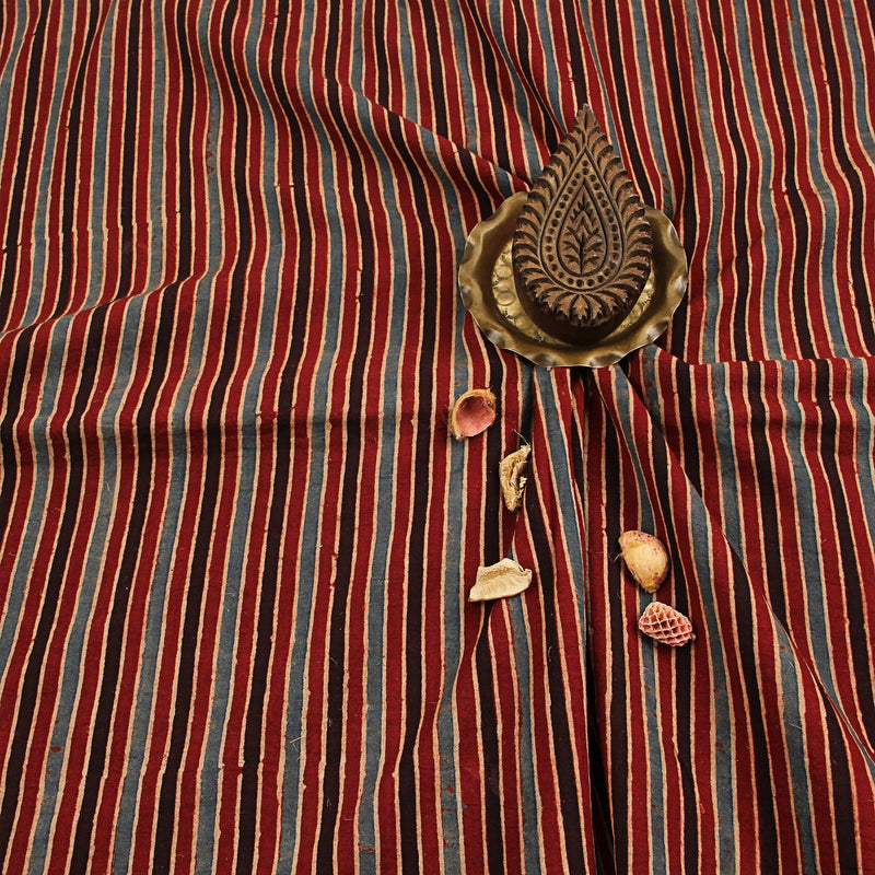Grey Black Lines Ajrakh Hand Block Printed Cotton Fabric
