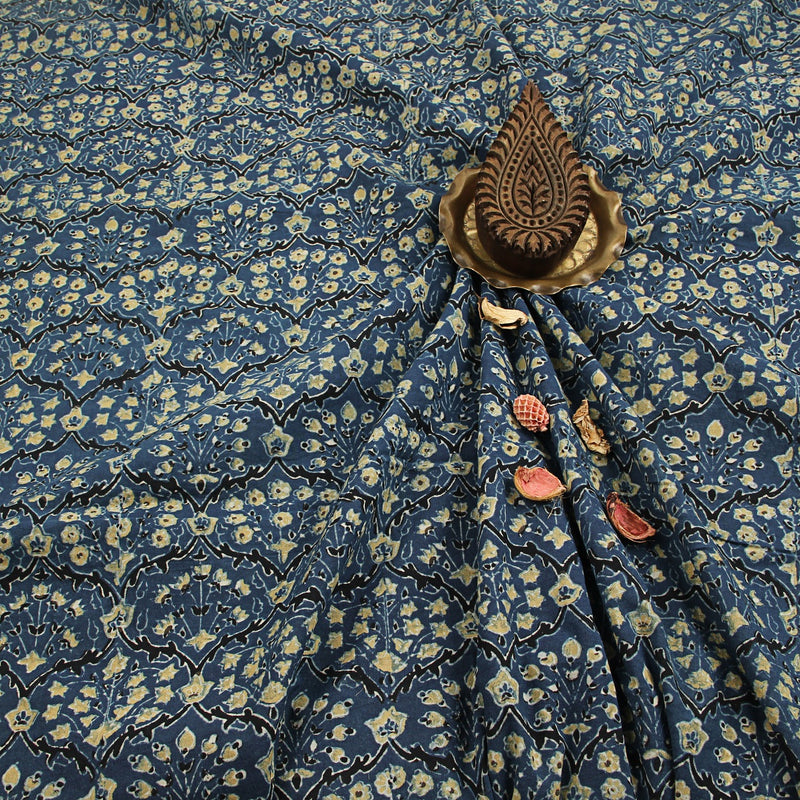 Indigo Floral Jaal Ajrakh Hand Block Printed Cotton Fabric