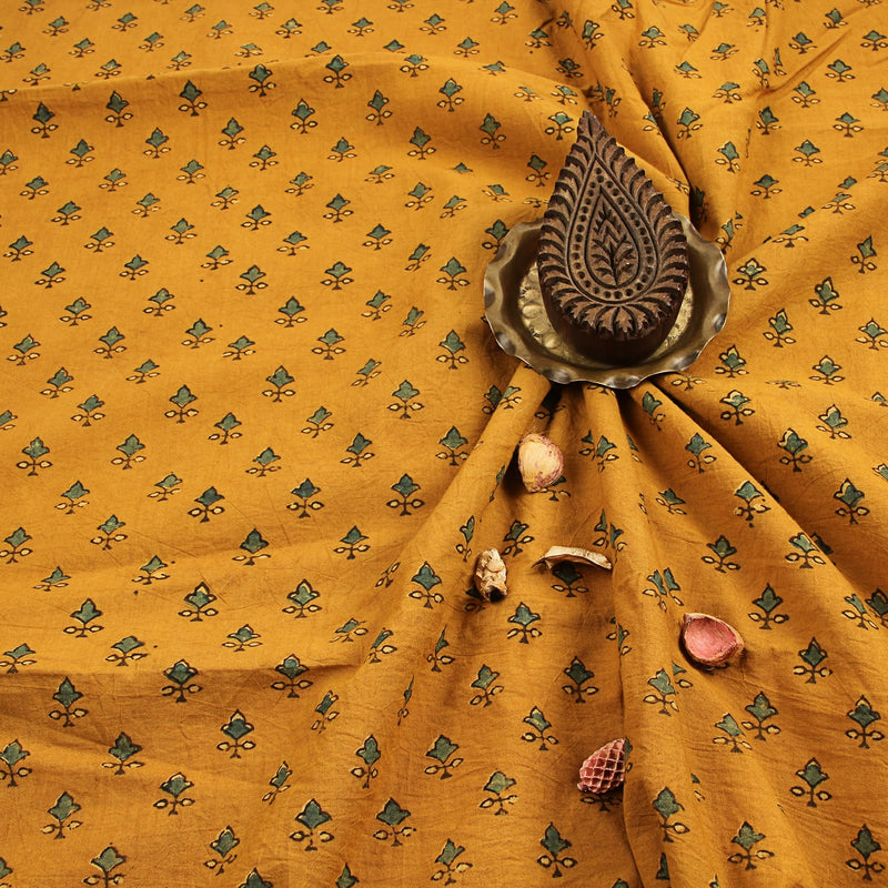 Yellow Floral Butti Ajrakh Hand Block Printed Cotton Fabric
