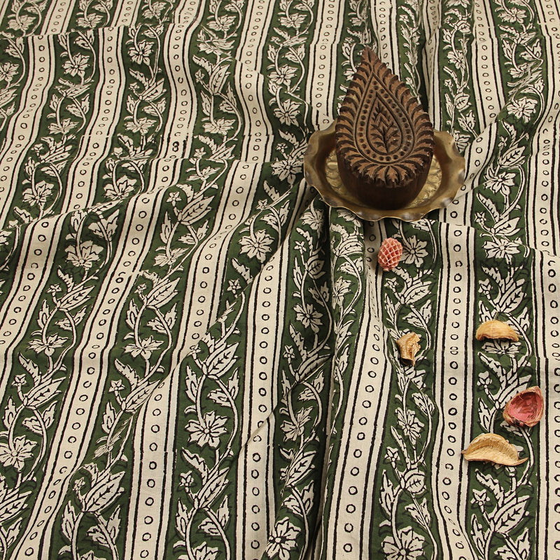 Off White Floral Bagru Hand Block Print Cotton Fabric