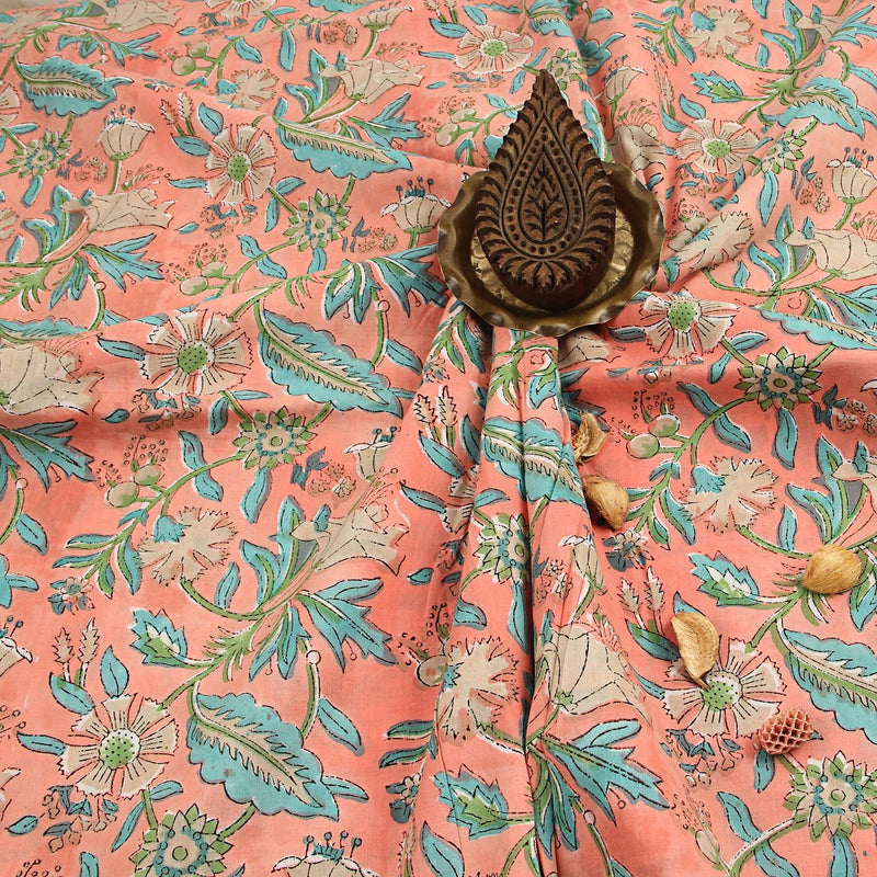 Teal Floral Jaal Sanganeri Handblock Print Cotton Fabric
