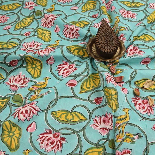 Light Blue Lotus Jaal Sanganeri Handblock Print Cotton Fabric