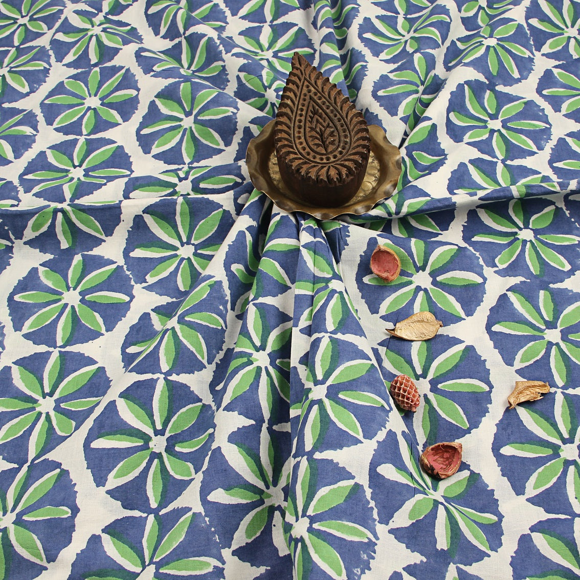 White Green Floral Butta Sanganeri Handblock Print Cotton Fabric – THE ...