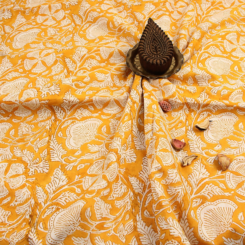 Orange Floral Sanganeri Handblock Print Cotton Fabric