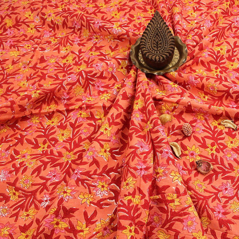 Pink Yellow Periwinkle Floral Jaal Sanganeri Handblock Print Cotton Fabric