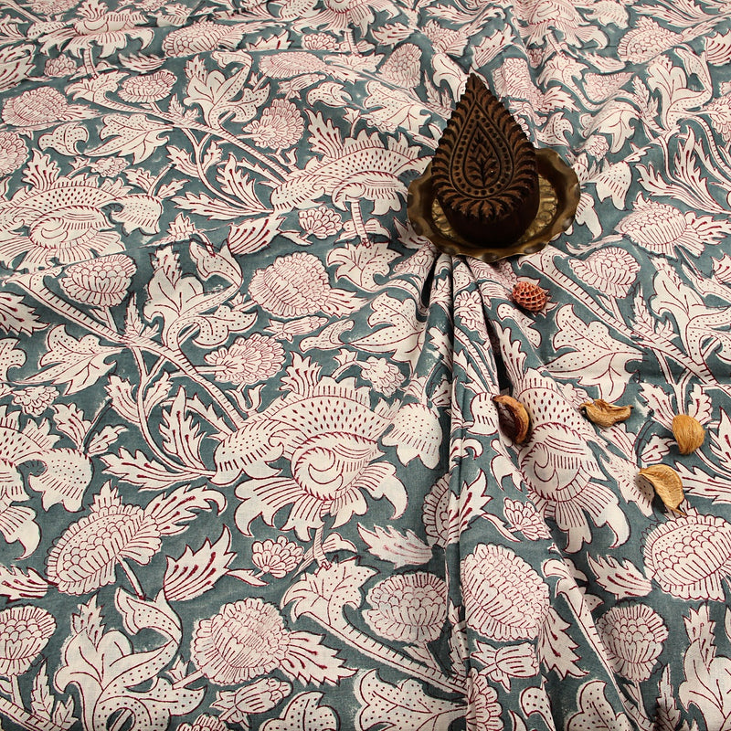 Grey Floral Jaal Sanganeri Handblock Print Cotton Fabric