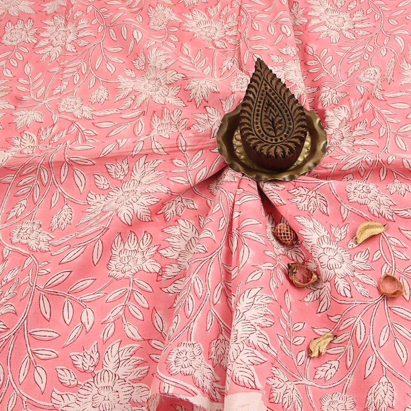 Light Pink Floral Sanganeri Handblock Print Cotton Fabric