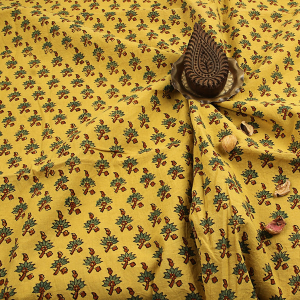 Yellow Green Mogra Floral Butti Ajrakh Hand Block Printed Cotton Fabric