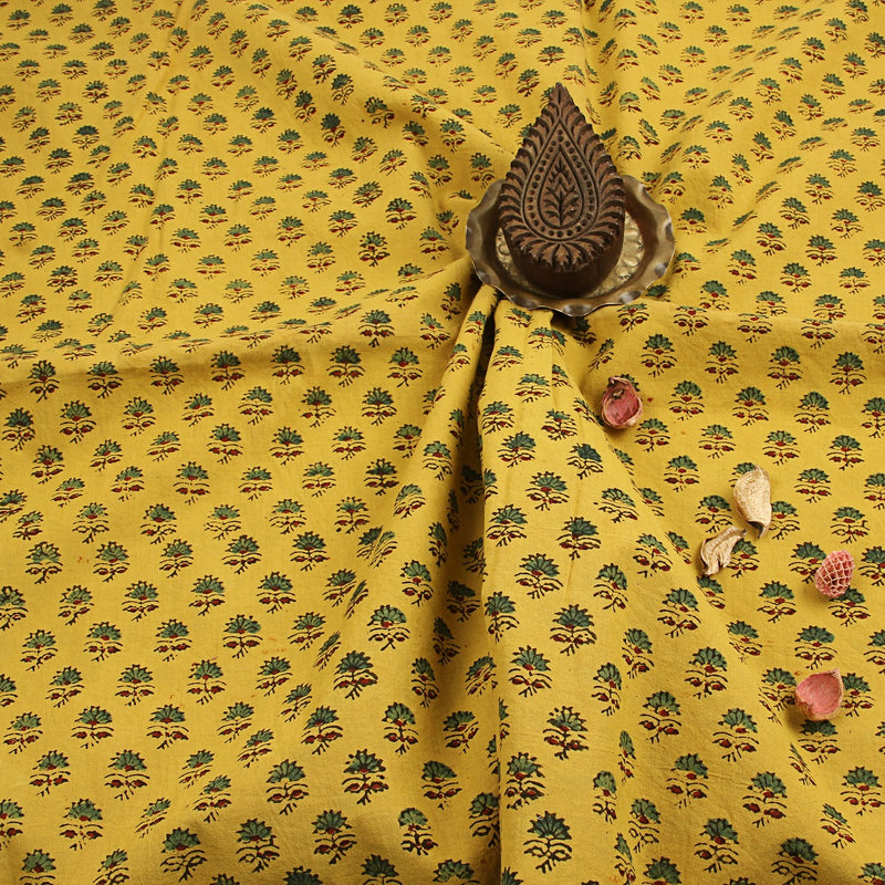 Yellow Butti Ajrakh Hand Block Print Cotton Fabric