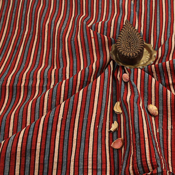 Indigo Red Stripes Ajrakh Hand Block Printed Cotton Fabric