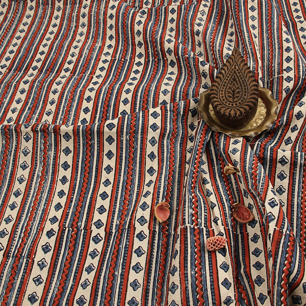 White Geometric Ajrakh Hand Block Print Cotton Fabric