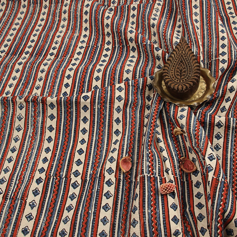 White Geometric Ajrakh Hand Block Print Cotton Fabric