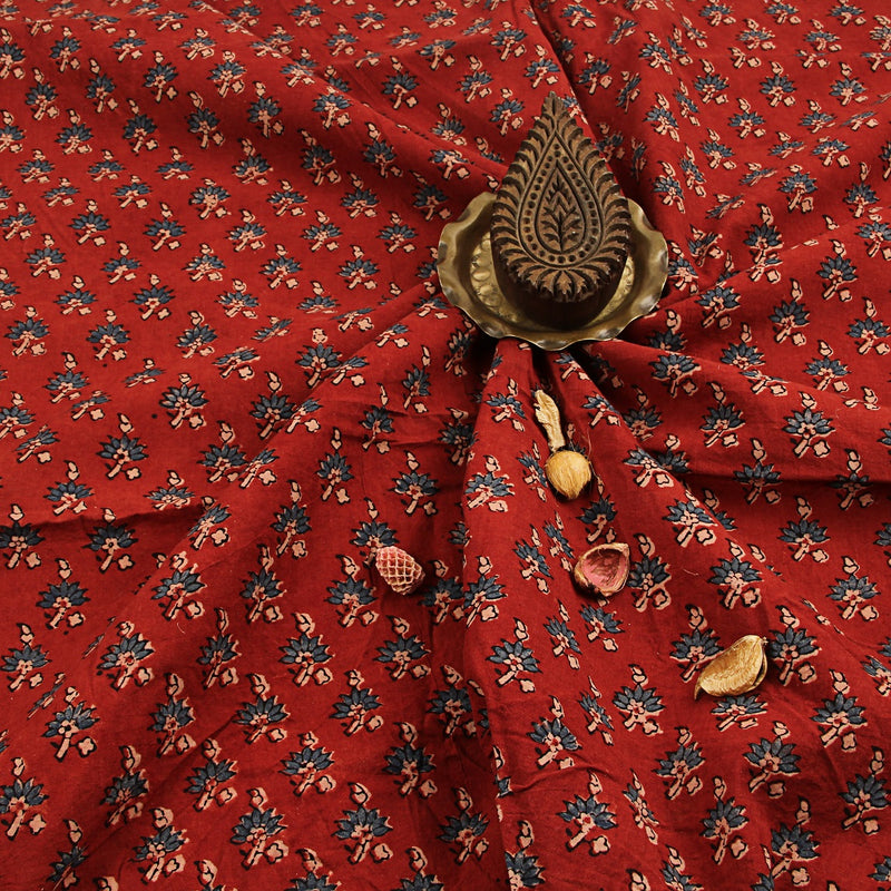 Red Indigo Mogra Floral Butti Ajrakh Hand Block Printed Cotton Fabric