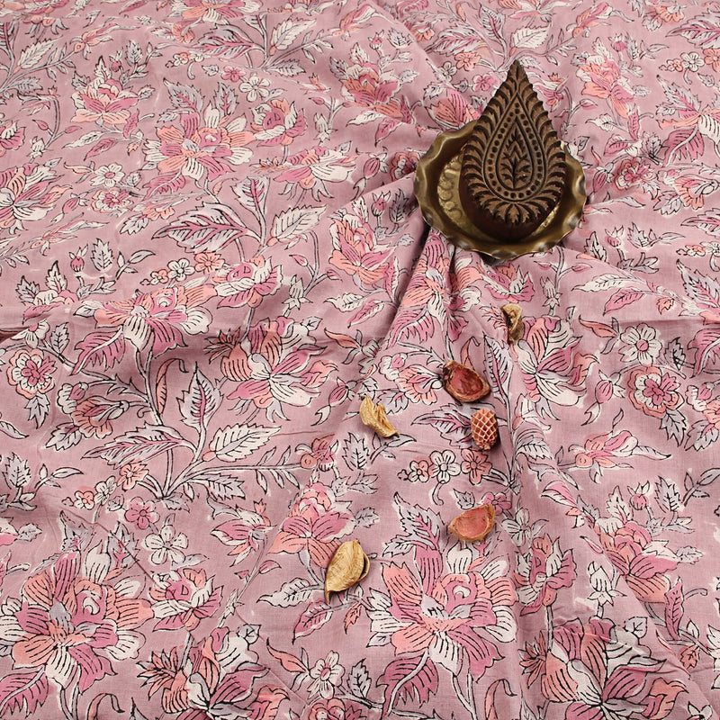 Pink Rose Floral Jaal Sanganeri Handblock Print Cotton Fabric