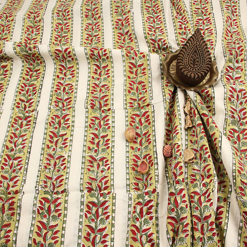 Red Leafy Border Sanganeri Handblock Print Cotton Fabric