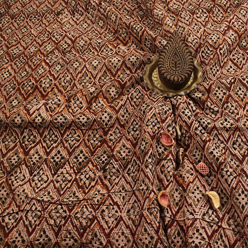 Brown Diamond Butti Kalamkari Hand Block Printed Cotton Fabric
