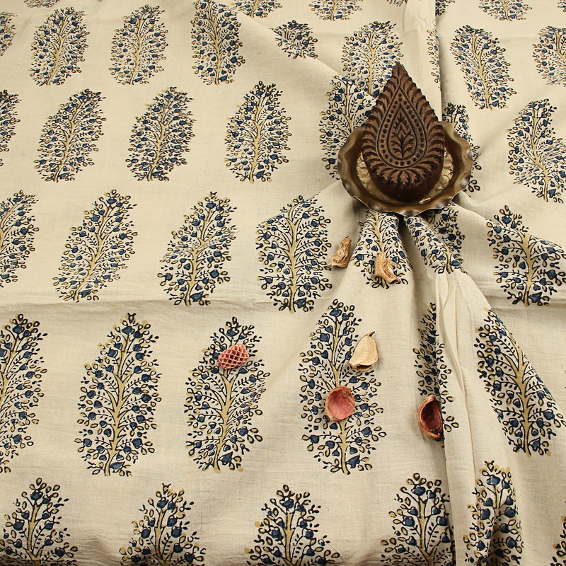 Indigo Floral Shrub Butta Ajrakh Hand Block Printed Cotton Fabric