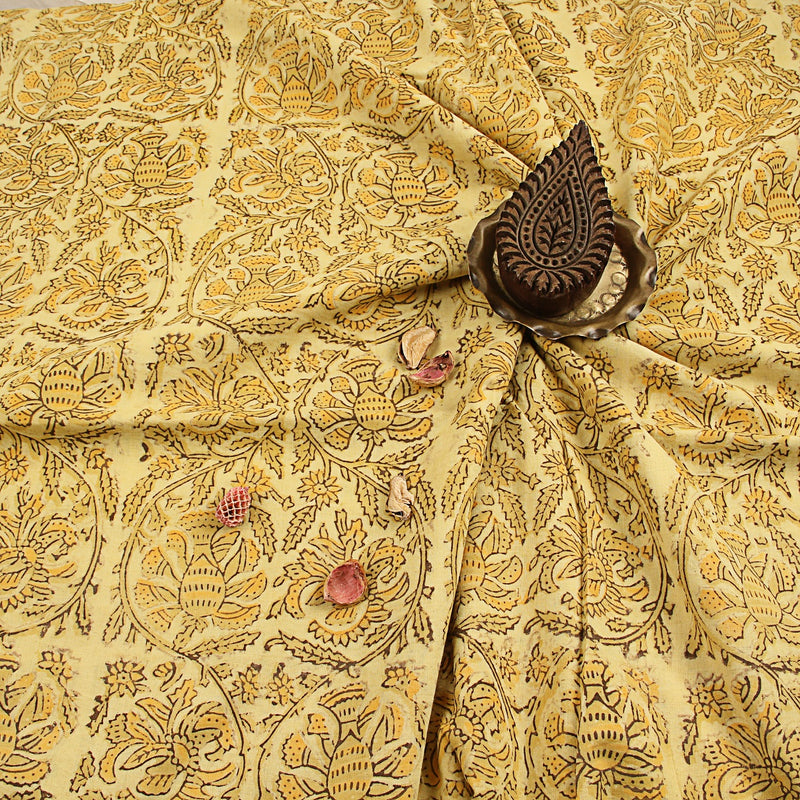 Yellow Floral Vel Ajrakh Dabu Hand Block Printed Cotton Fabric