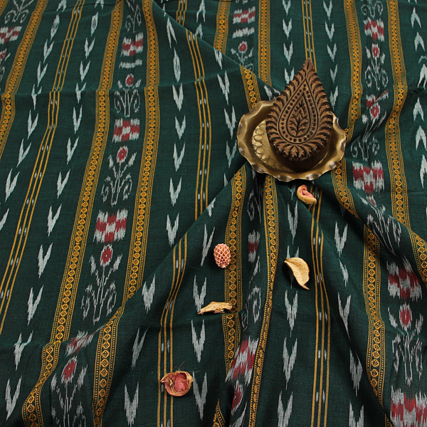 Green Floral Border Ikkat Cotton Fabric