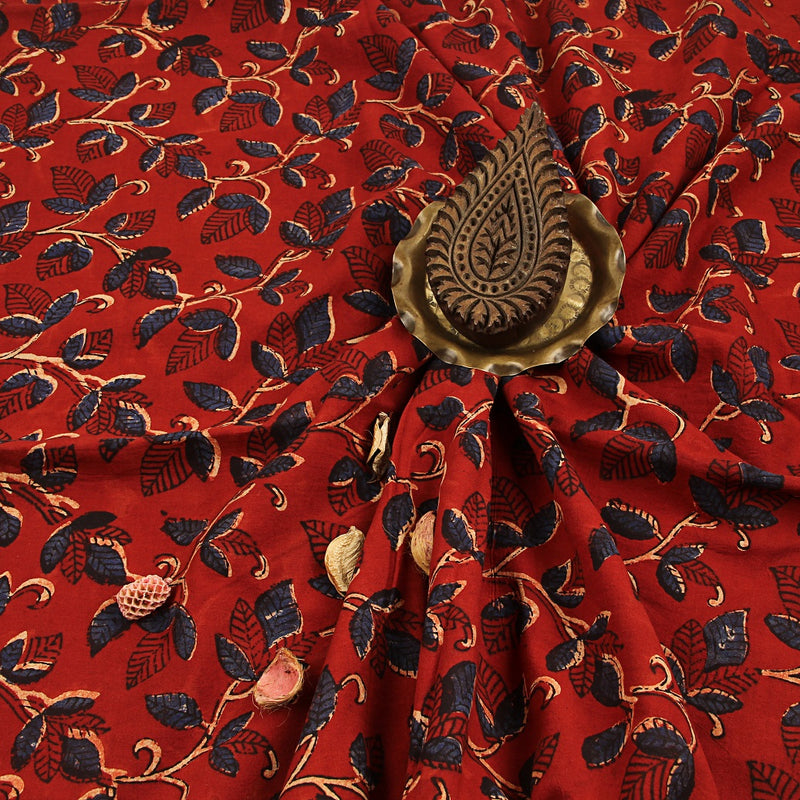 Red Leafy Jaal Bagru Ajrakh Hand Block Printed Cotton Fabric