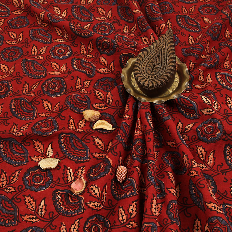 Red Botanical Bagru Ajrakh Hand Block Printed Cotton Fabric