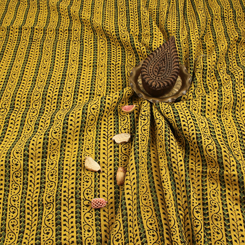 Yellow Green Floral Border Ajrakh Hand Block Printed Crush Fabric
