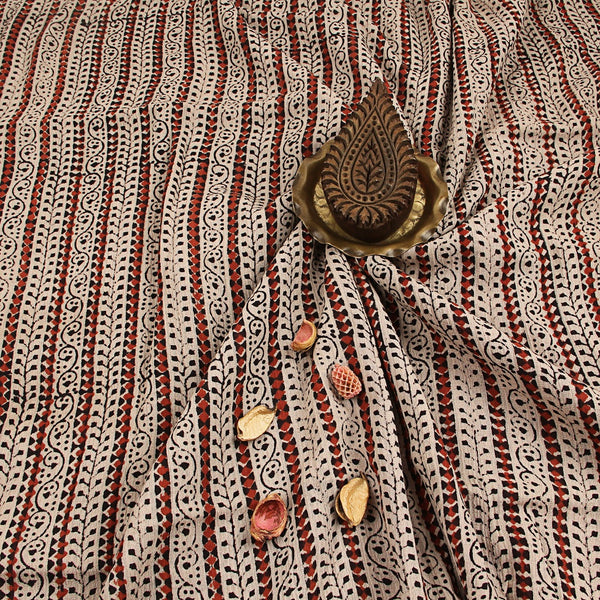 White Floral Ajrakh Hand Block Print Crush Cotton Fabric