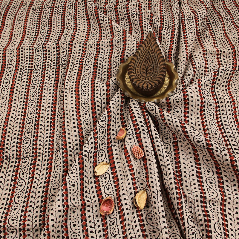 White Floral Ajrakh Hand Block Print Crush Cotton Fabric