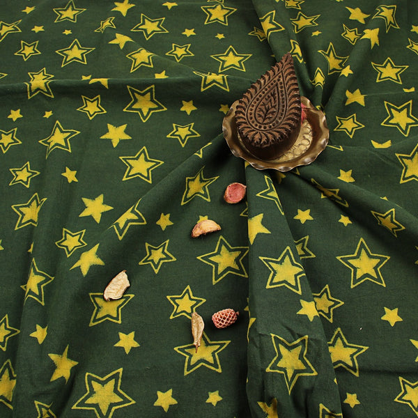 Green Celestial Ajrakh Hand Block Print Cotton Fabric
