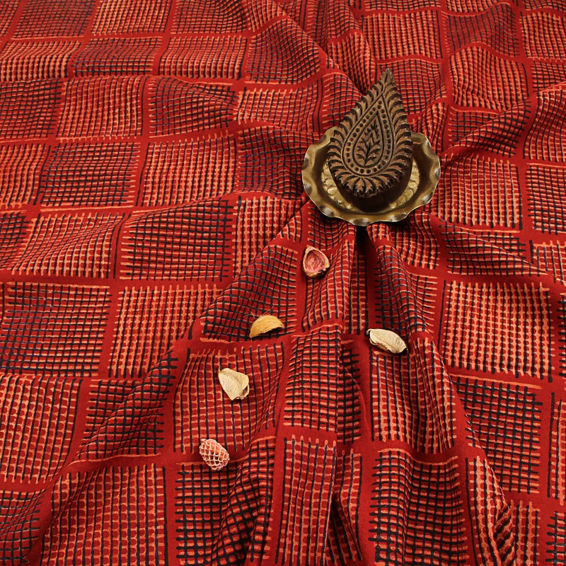Red Checks Bagru Ajrakh Hand Block Print Cotton Fabric